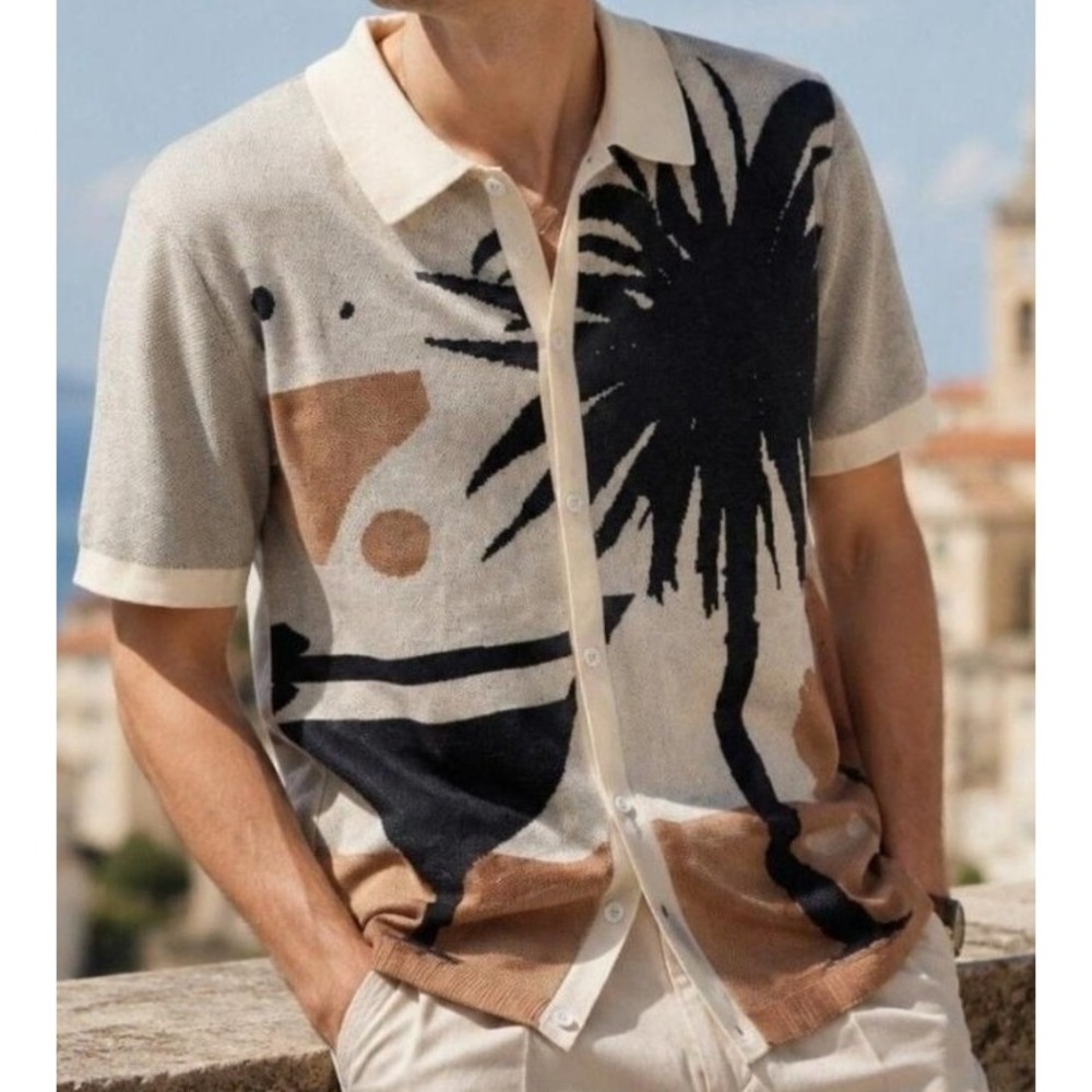 Men Knit Polo Shirt Palm Tree Martini Graphic Print Short Sleeve Button Up XL